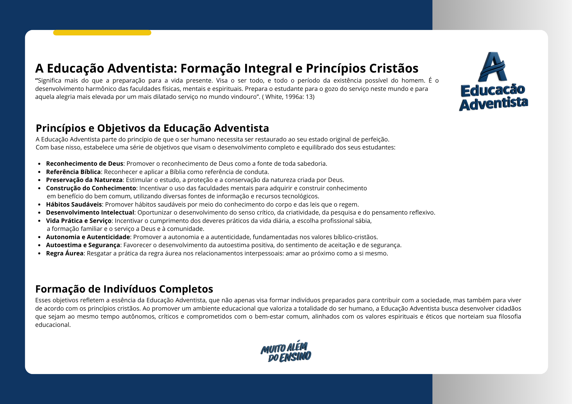 Resumo visual sobre a Educação Adventista: Formação Integral e Princípios Cristãos